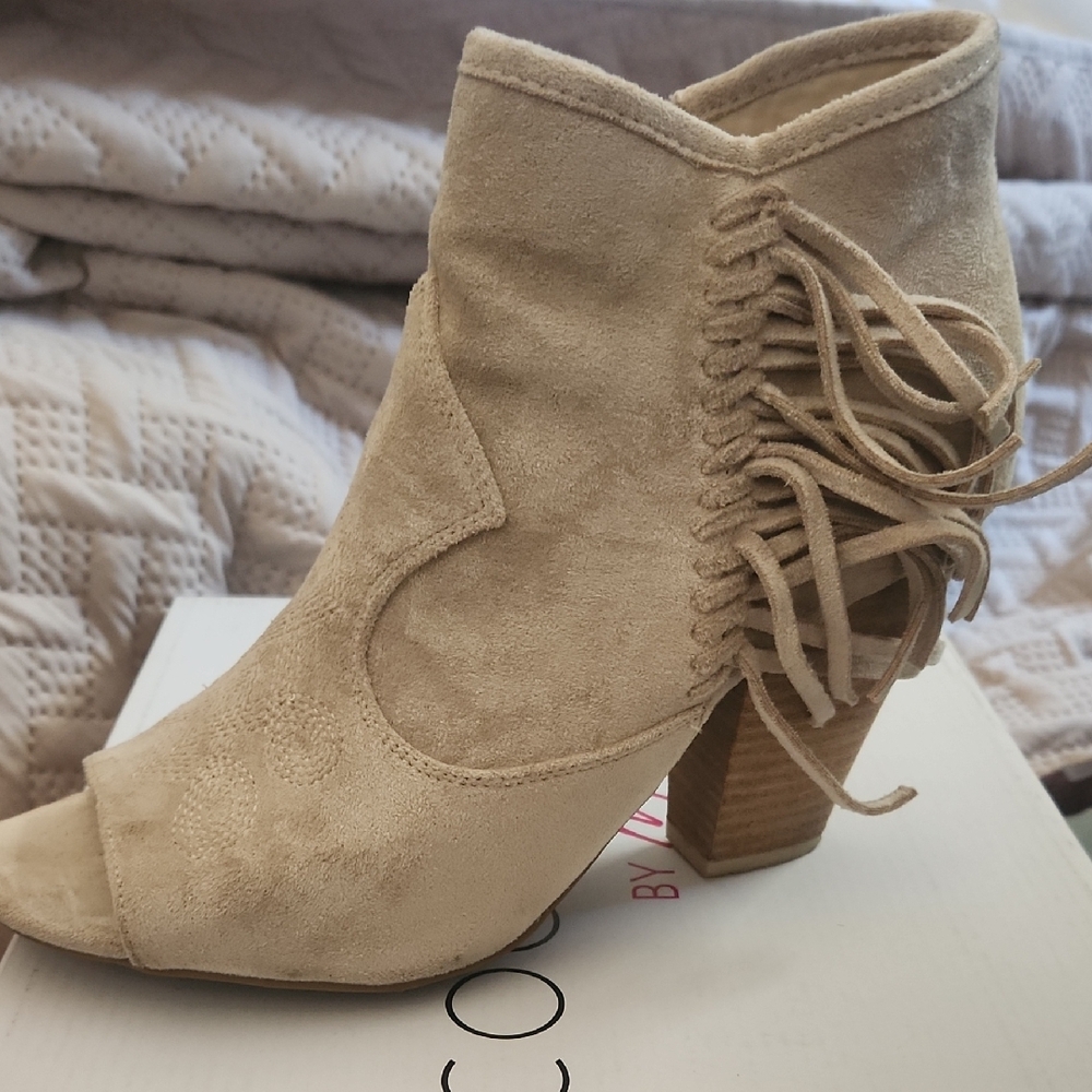 Beige Suede Fringe Ankle Boots